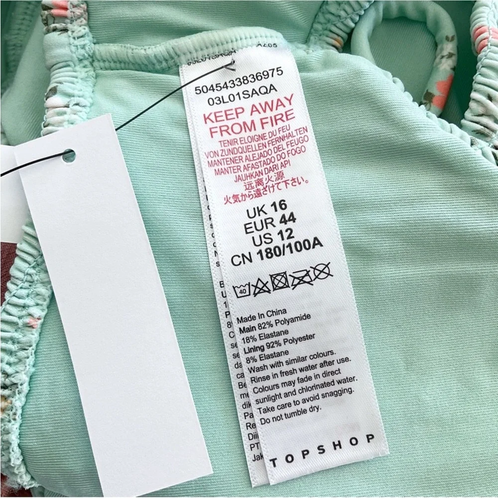New Topshop Shirred Green Floral Bikini Top Size 12 - Picture 4 of 4